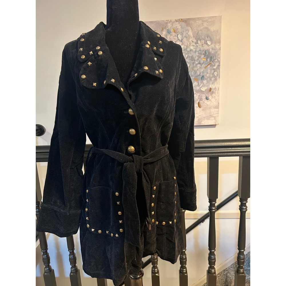 Ivy Jane Black Velvet Studded Belted Jacket Coat Brass Buttons Women Medium